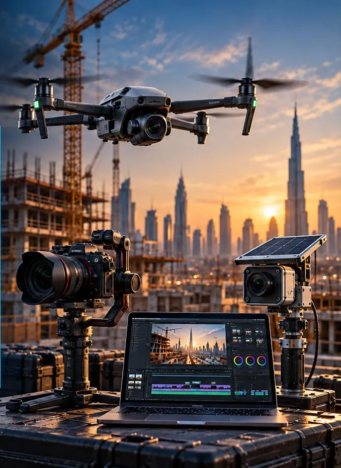 Drone, gimbal camera, solar time-lapse unit and editing laptop on a site case
