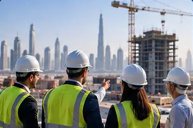 Engineers and executives in hard hats on a site visit