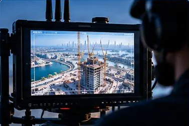Monitor showing a live aerial feed of a construction site