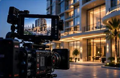 Cinema camera filming a luxury residential building at dusk