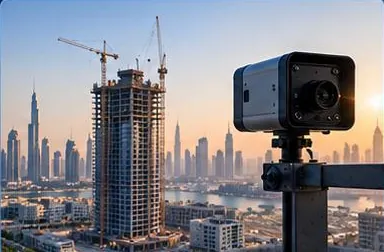 Time-lapse camera on a mast facing a rising tower