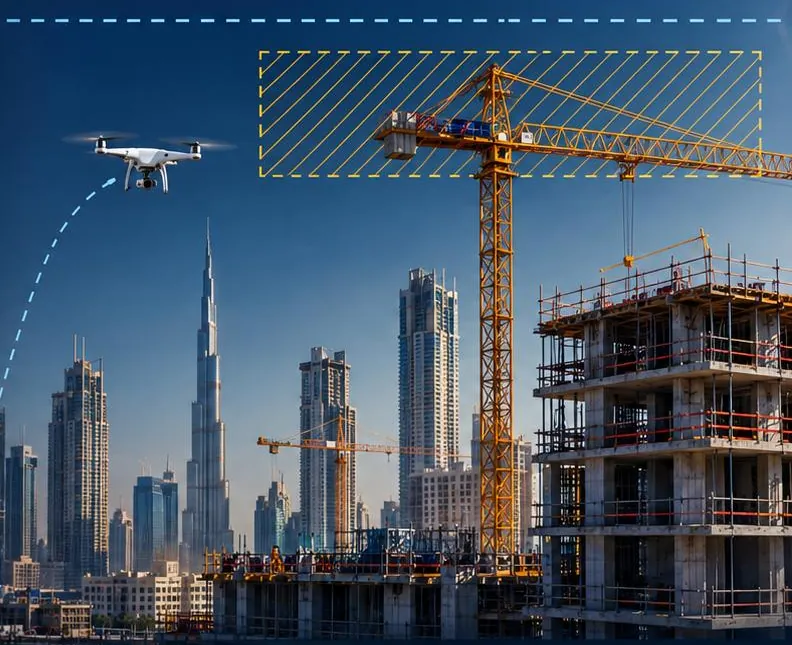 Drone flying below the ceiling line, clear of a crane working zone marked with hatching